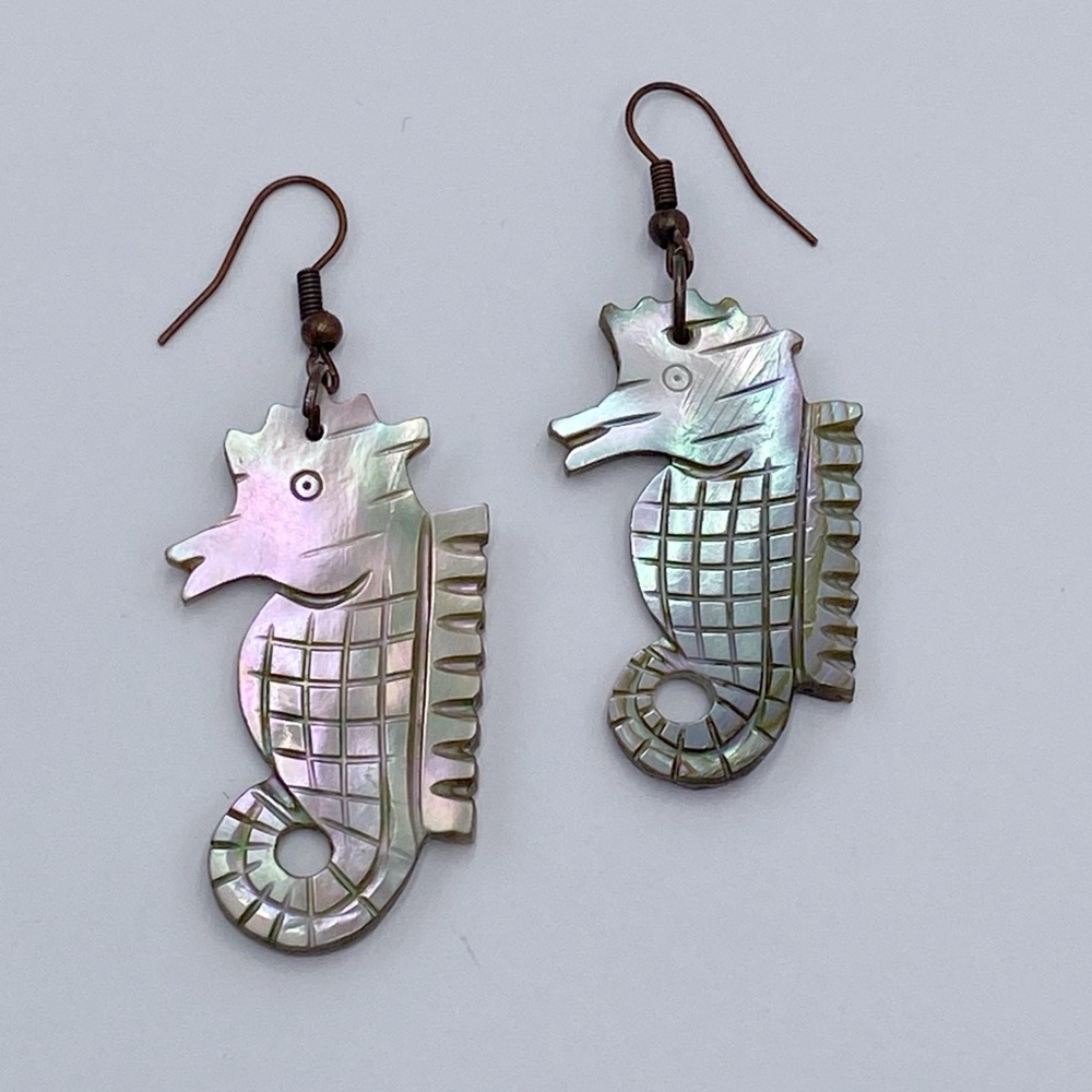 Abalone Shell Carved Seahorse Earrings